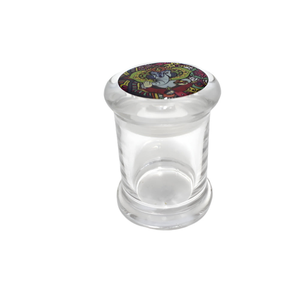 Illuminated small glass jar with sticker artwork, LED lighting, secure closure, and durable glass body for decorative storage use.