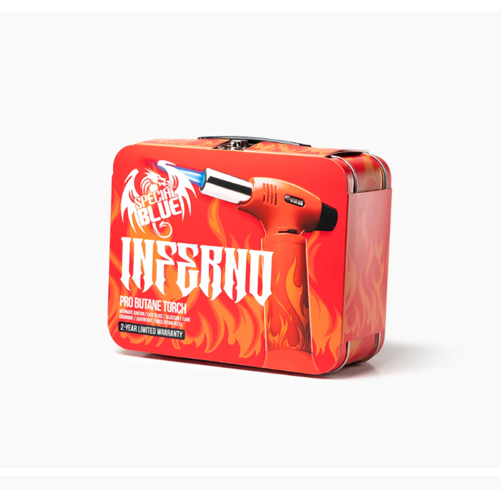 Inferno Pro Torch Toolbox with powerful flame, durable construction, adjustable control, and refillable butane system in compact storage case.