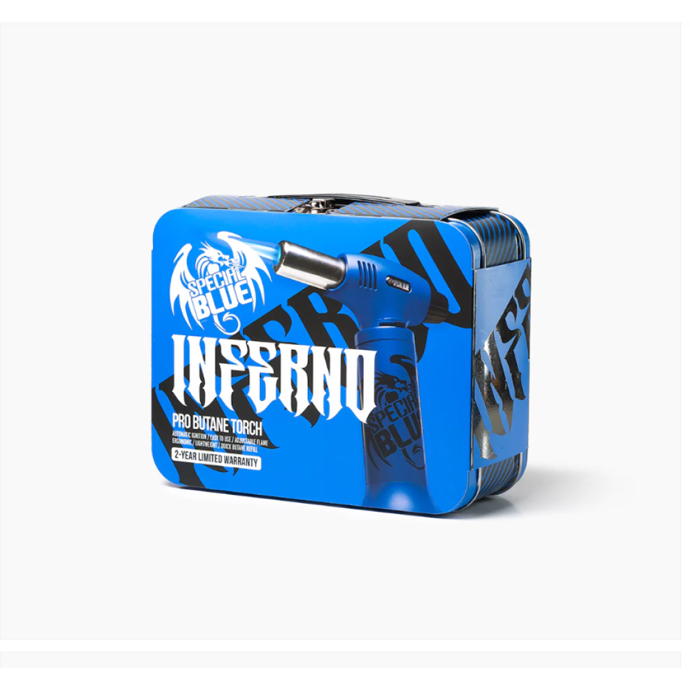 Inferno Pro Torch Toolbox Set featuring powerful windproof jet flame torch, refillable butane system, and durable storage toolbox for organized accessory packaging.