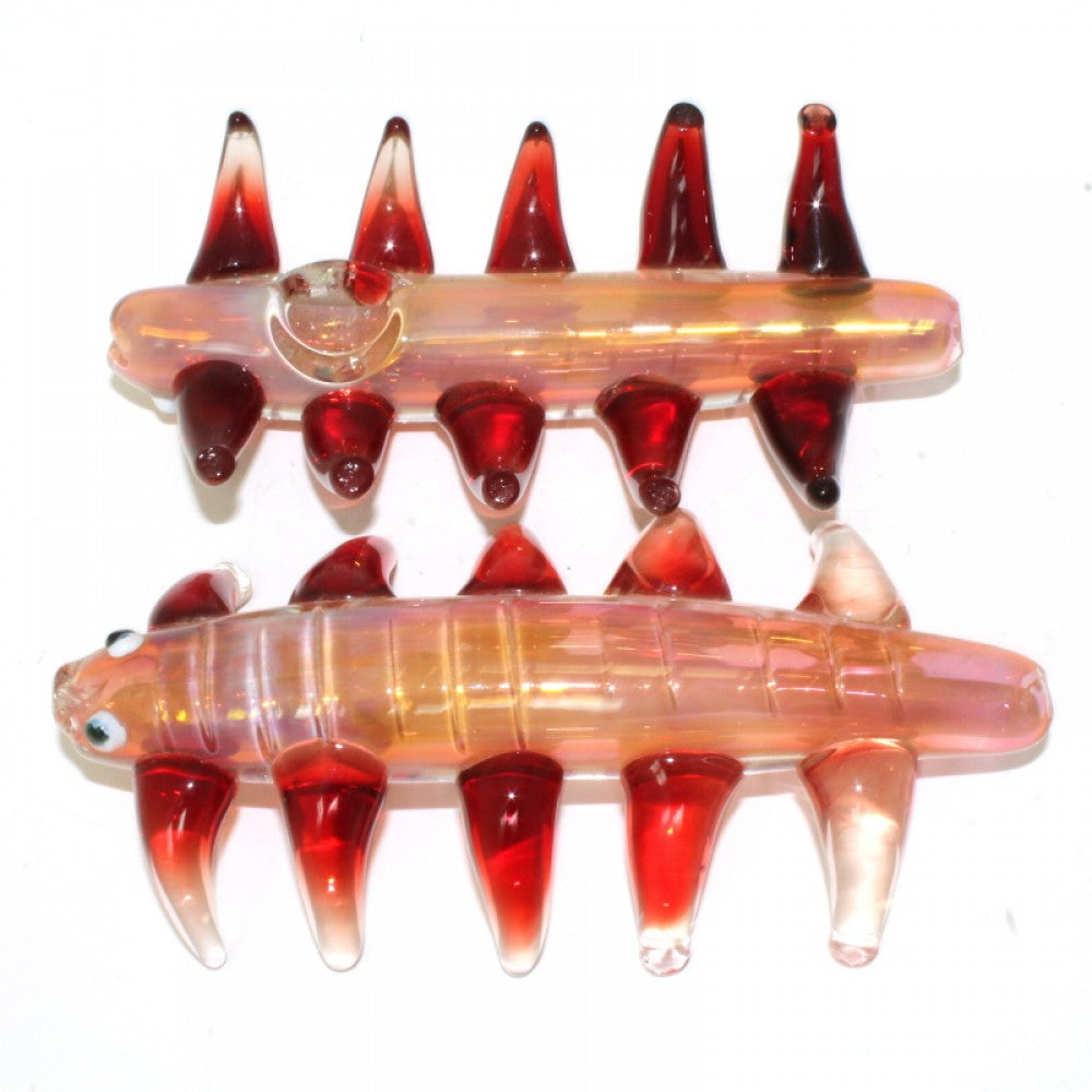 Insect Design Spiked Gold Fumed Glass Hand Pipe featuring intricate gold fumed detailing, spiked artistic accents, and durable handcrafted glass construction.