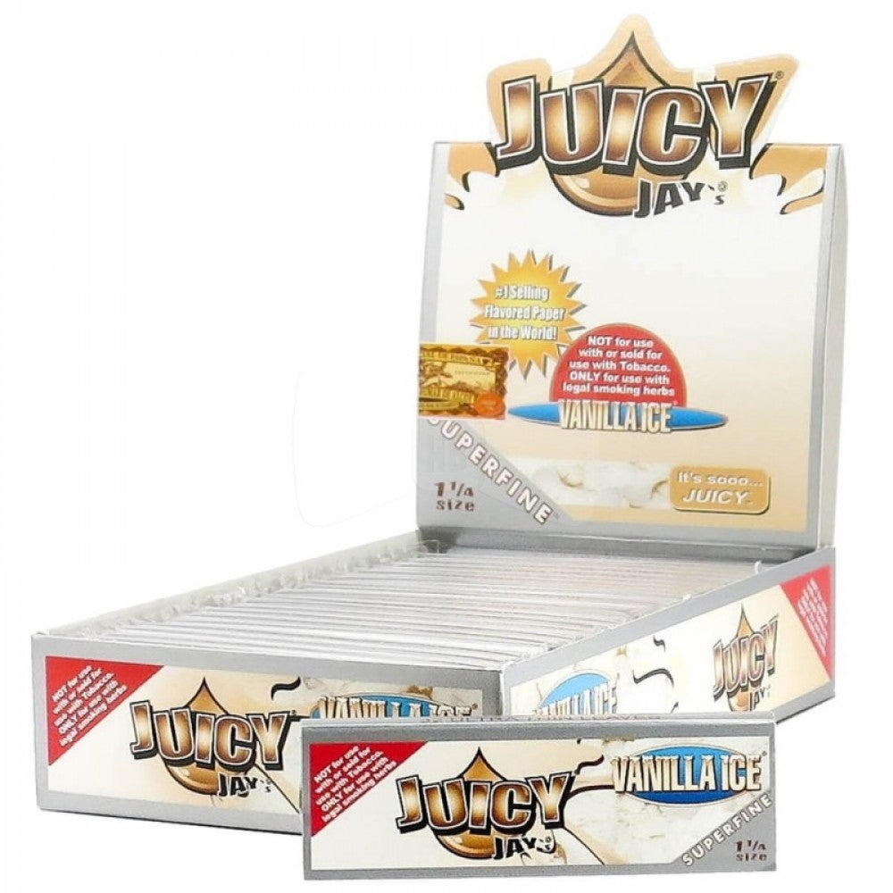 Juicy Jay’s Papers 1 1/4 size, 24 per pack, flavored rolling papers with vibrant printed designs, offering a smooth, slow, and aromatic smoking experience.