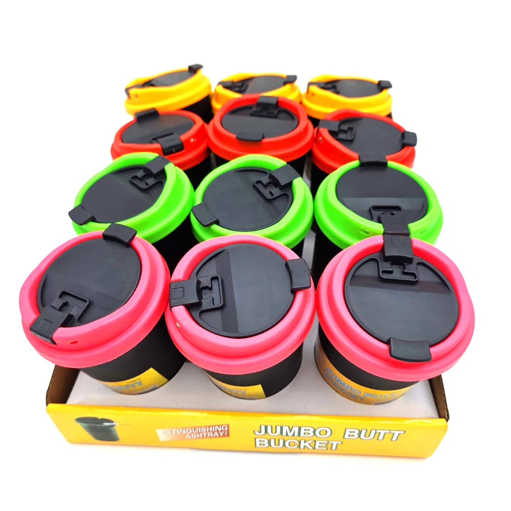 Jumbo Butt Bucket Ashtray with lid 12 pack featuring large capacity, durable construction, and odor control design for easy use.