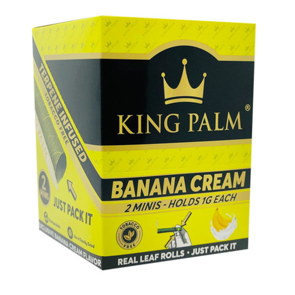 King Palm Banana Cream mini rolls 20ct squeeze & pop display, natural palm leaf pre-rolled cones with banana cream flavor, slow-burning easy-use design.