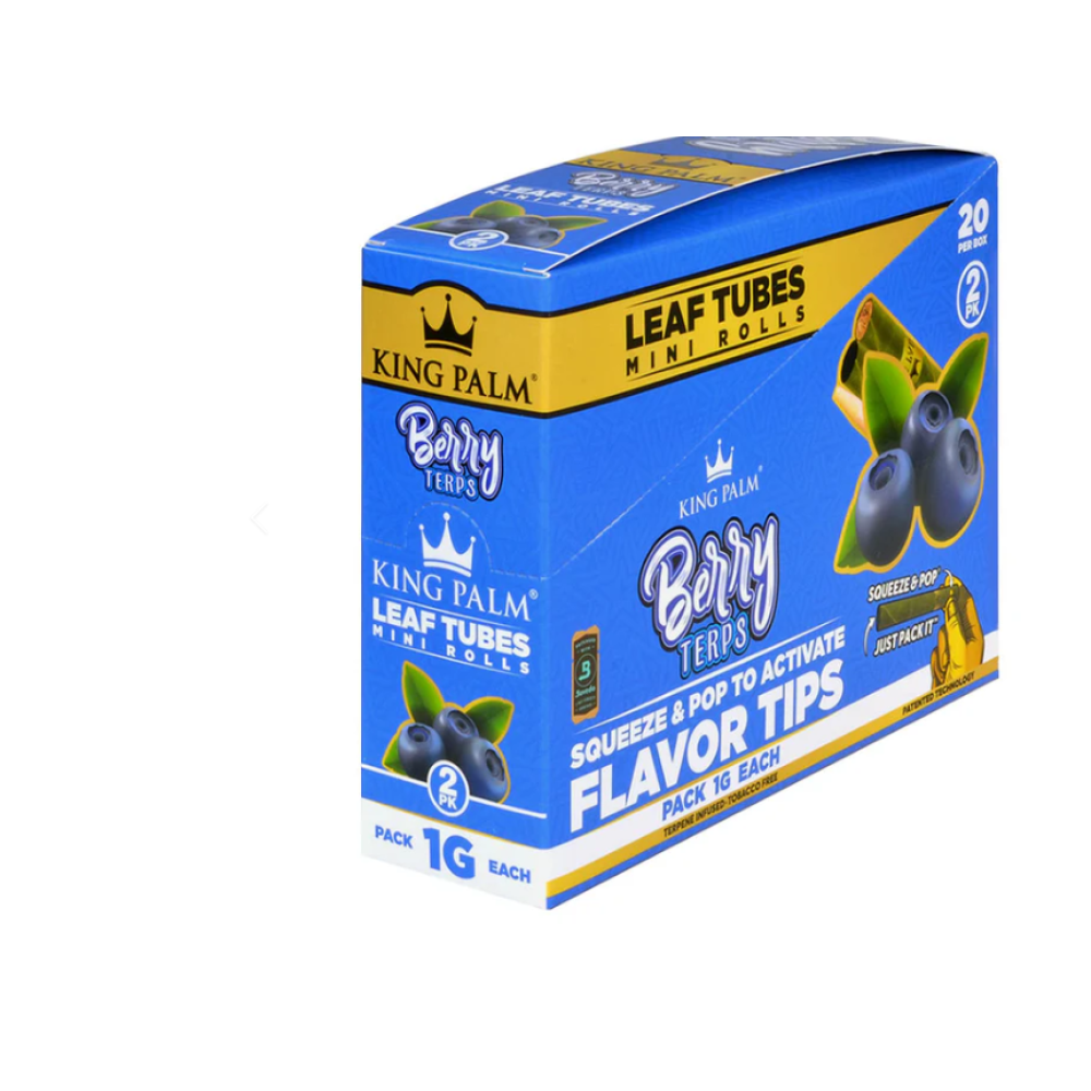 King Palm Berry Treps mini rolls, 2 rolls per pack, 20 packs per box, natural palm leaf pre-rolled cones with berry flavor, slow-burning easy-use design.