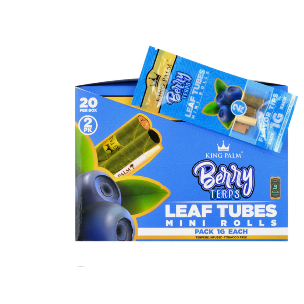 King Palm Berry Treps leaf tubes mini rolls, 2 rolls per pack and 20 packs per box, natural palm leaf wraps infused with berry flavor for a smooth, slow-burning smoking experience.