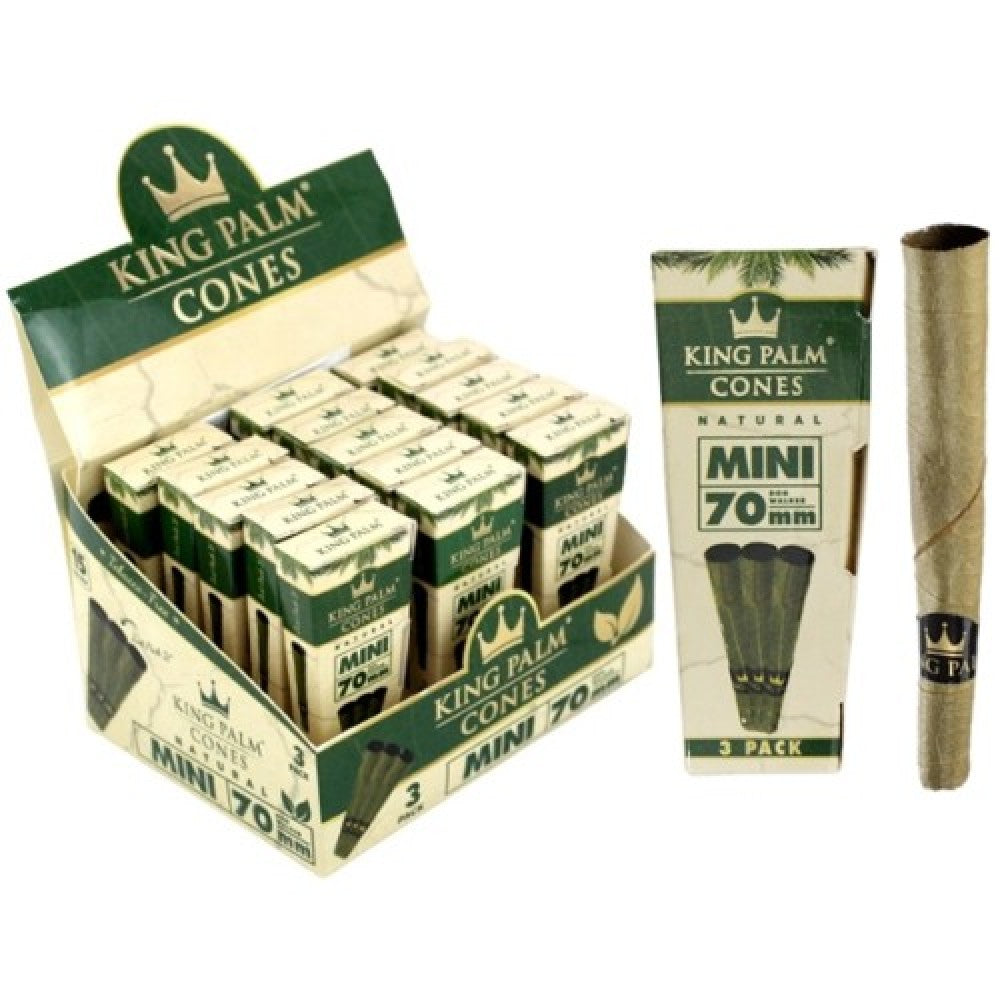 King Palm Mini 70mm natural pre-rolled cones made from palm leaf, slow-burning tobacco-free cones for smooth and easy convenient smoking use.