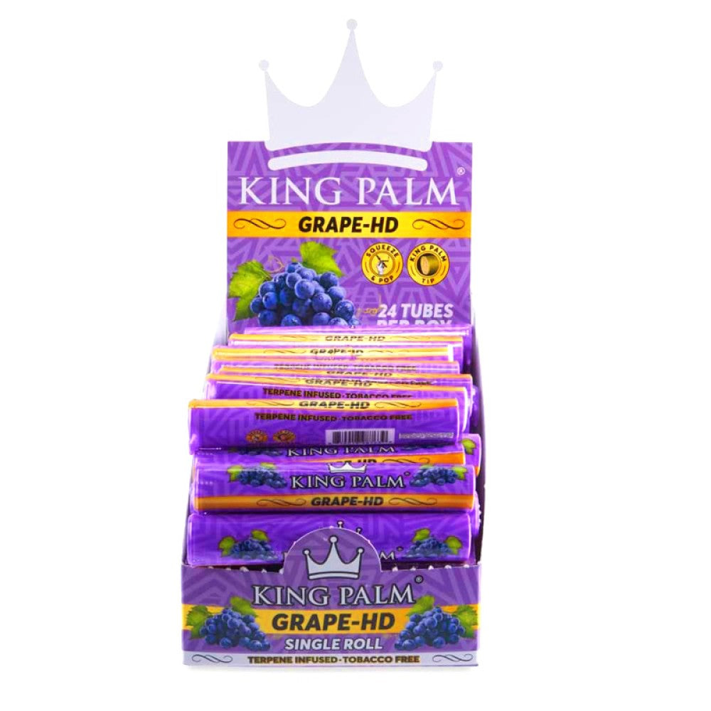 King Palm Grape flavored HD tubes, 24 pieces per box, premium pre-rolled natural palm wraps with grape flavor for smooth and slow burning experience.