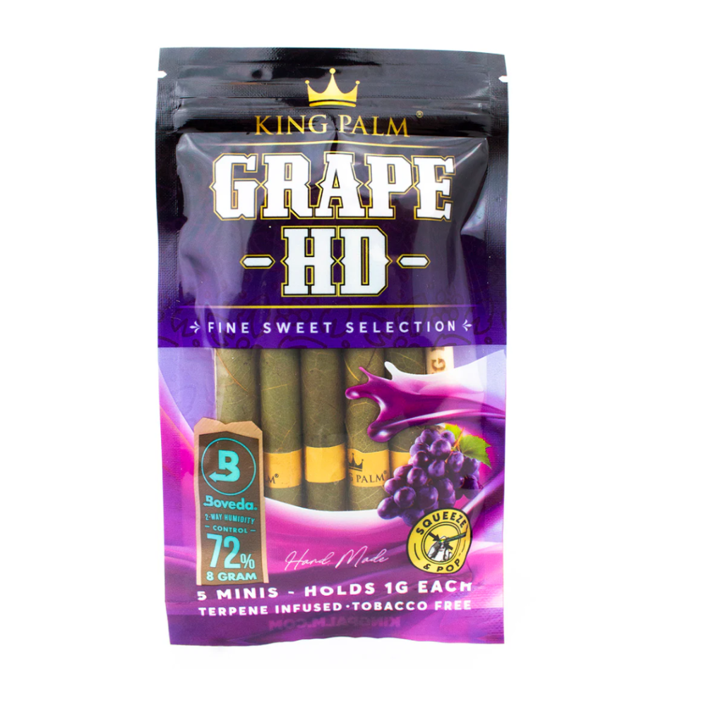 King Palm Grape HD 5 mini roll pack, 15 count box, natural palm leaf wraps infused with grape flavor for a smooth, slow-burning smoking experience.