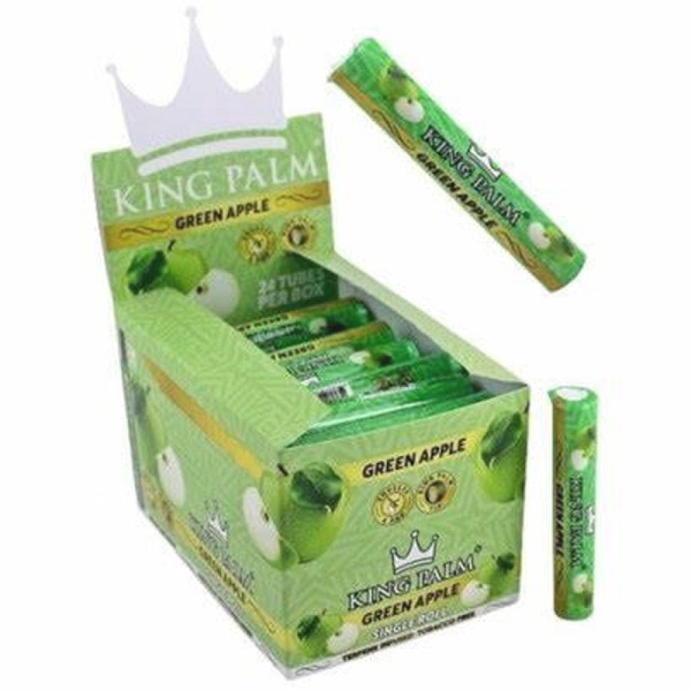 King Palm Green Apple Single Roll 24 tubes per box, natural palm leaf pre-rolled cone with green apple flavor, slow-burning tobacco-free smoking roll.
