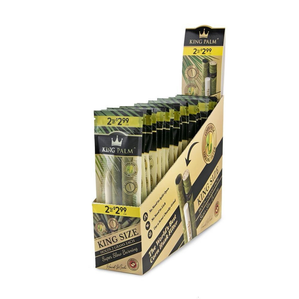 King Palm King Size 2PK 20ct display, natural palm leaf pre-rolled cones, slow-burning tobacco-free king size cones for smooth and easy use.