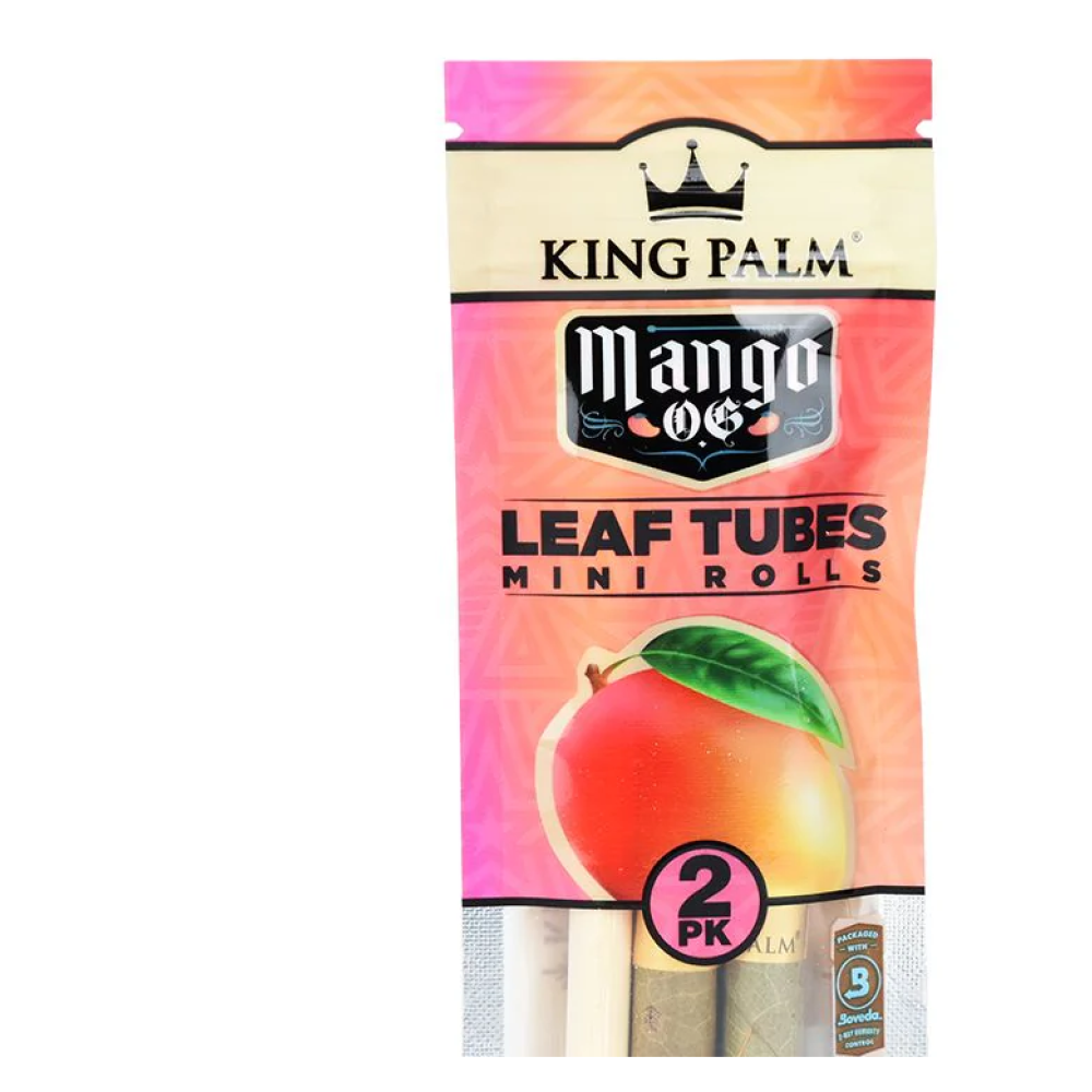 King Palm Mango OG leaf tubes mini rolls, 2 rolls per pack and 20 packs per box, natural palm leaf wraps infused with mango flavor for a smooth, slow-burning smoking experience.