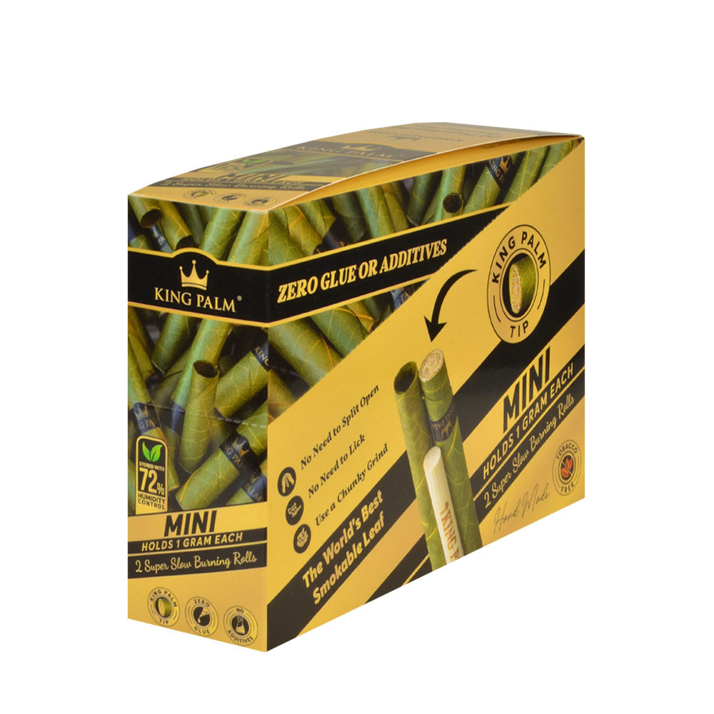 King Palm Mini Size 2PK, 20 count display, natural leaf mini pre-rolls designed for a smooth, slow-burning smoking experience with convenient portable packaging.