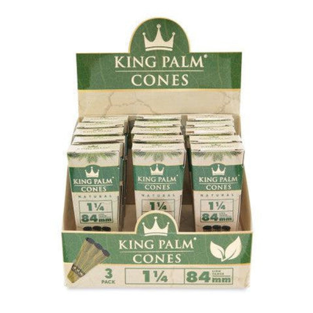 King Palm Natural 3pk pre-rolled palm cones 1¼ size 84mm, 15 count display, natural slow-burning tobacco-free palm leaf cones for easy and smooth use.