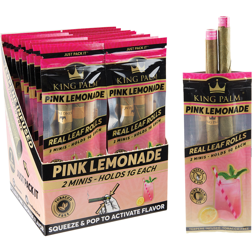 King Palm Pink Lemonade 2 mini roll squeeze & pop display, 20 count pack, natural leaf wraps infused with pink lemonade flavor for a smooth and refreshing slow-burning experience.