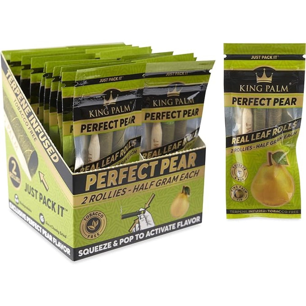 King Palm Rollies Perfect Pear, 2 rolls, natural leaf wraps infused with pear flavor for a smooth, slow-burning smoking experience.