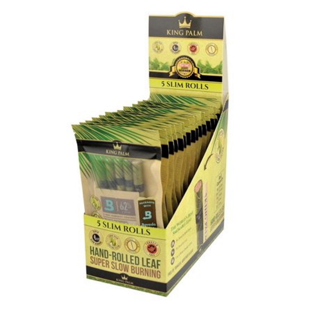 King Palm Slim 5 super slow burning rolls, 15 pouches per display box, natural palm leaf pre-rolled cones, tobacco-free smooth smoking experience.