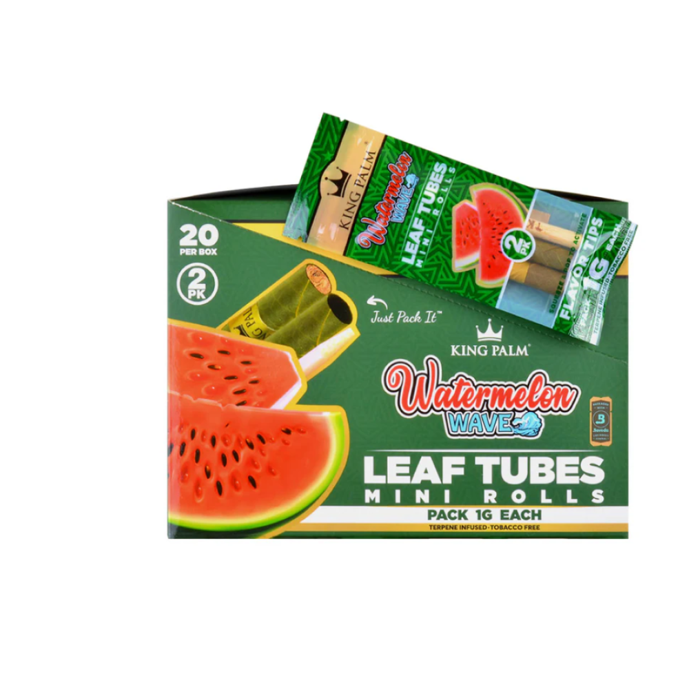 King Palm Watermelon Waves leaf tubes mini rolls, 2 rolls per pack and 20 packs per box, natural palm leaf wraps infused with watermelon flavor for a smooth, slow-burning smoking experience.