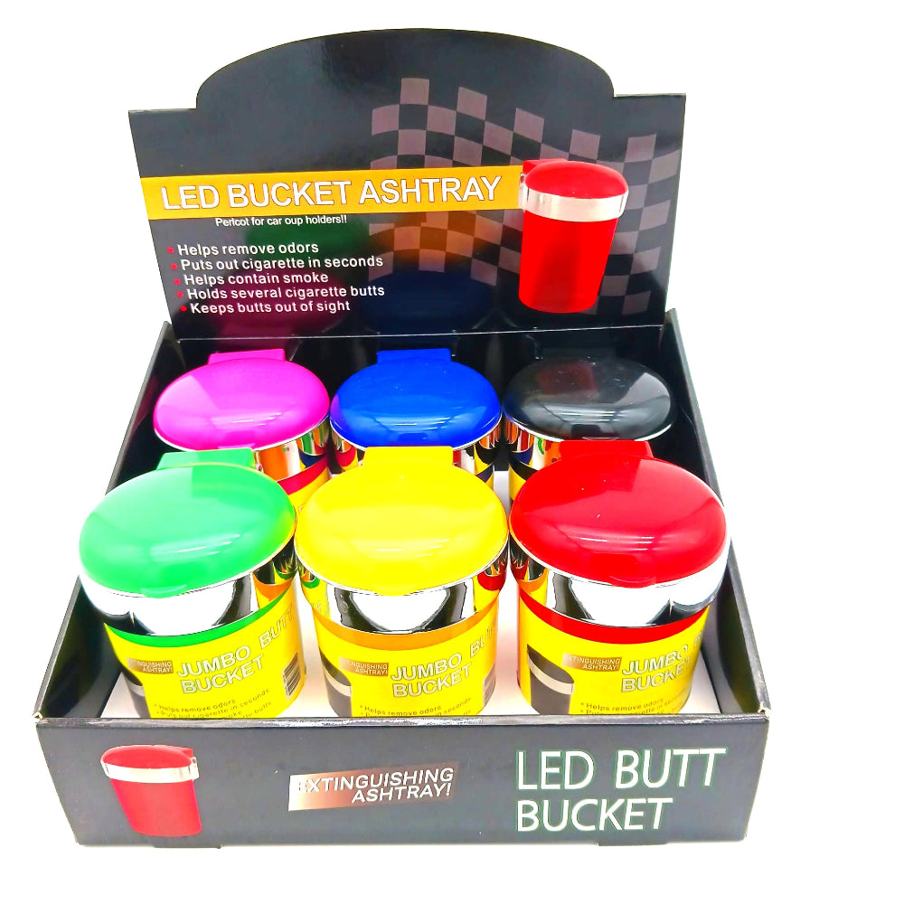 Large LED ashtray bucket with lid, 6 pack display for convenient cigarette ash disposal and storage