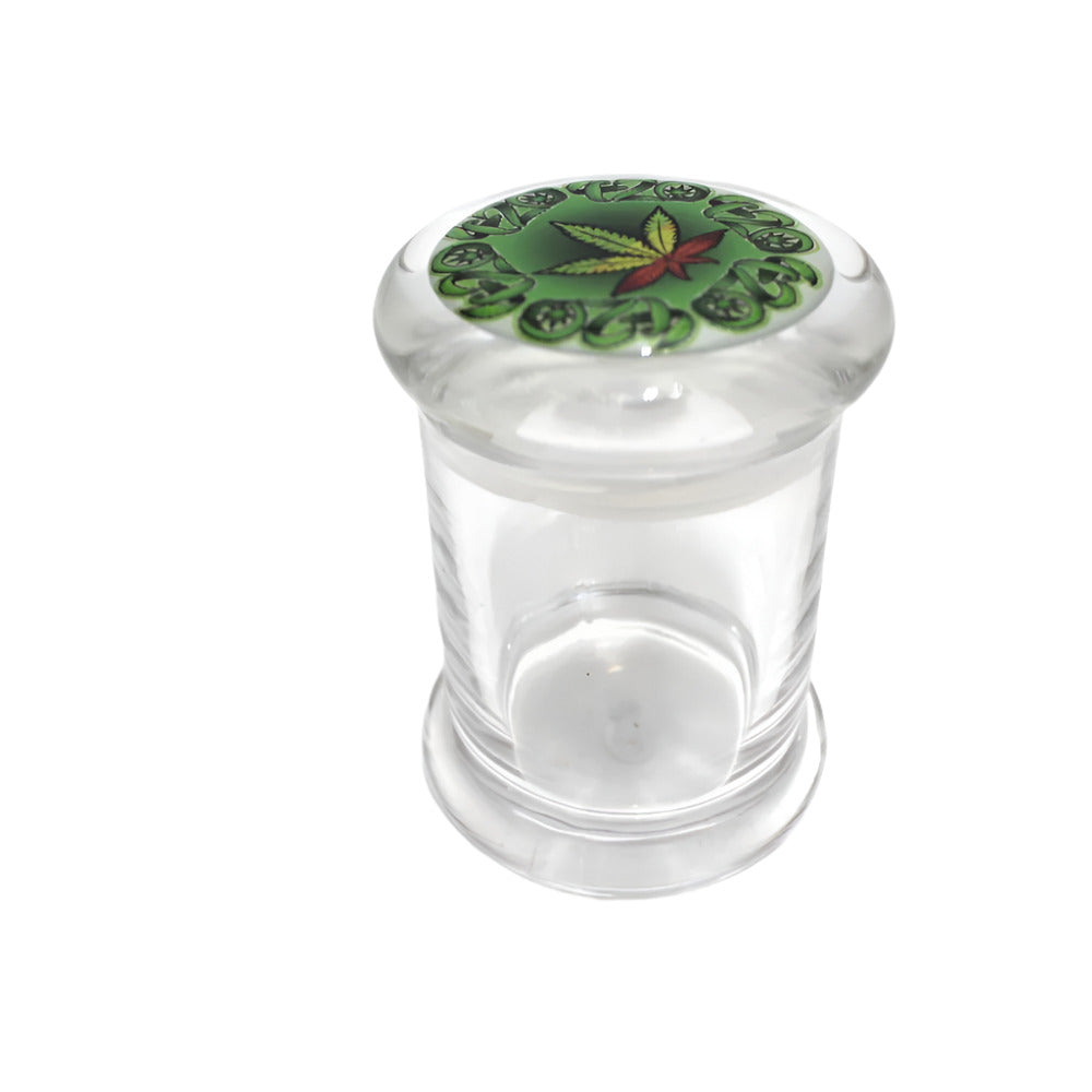 Small glass storage jar with sticker artwork and LED illumination, featuring durable construction and a secure lid for compact storage.