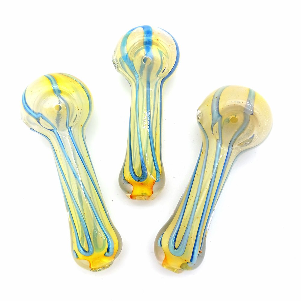 Liners design glass hand pipe featuring striped linear glass artwork, durable thick glass construction, and a compact ergonomic handheld design for smooth use.