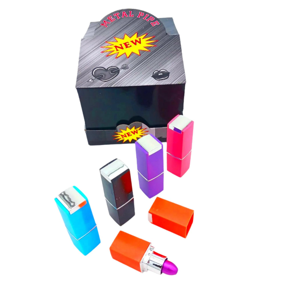 Lipstick style metal pipe in assorted colors, featuring a compact and discreet design made from durable metal for smooth airflow and portable smoking use.