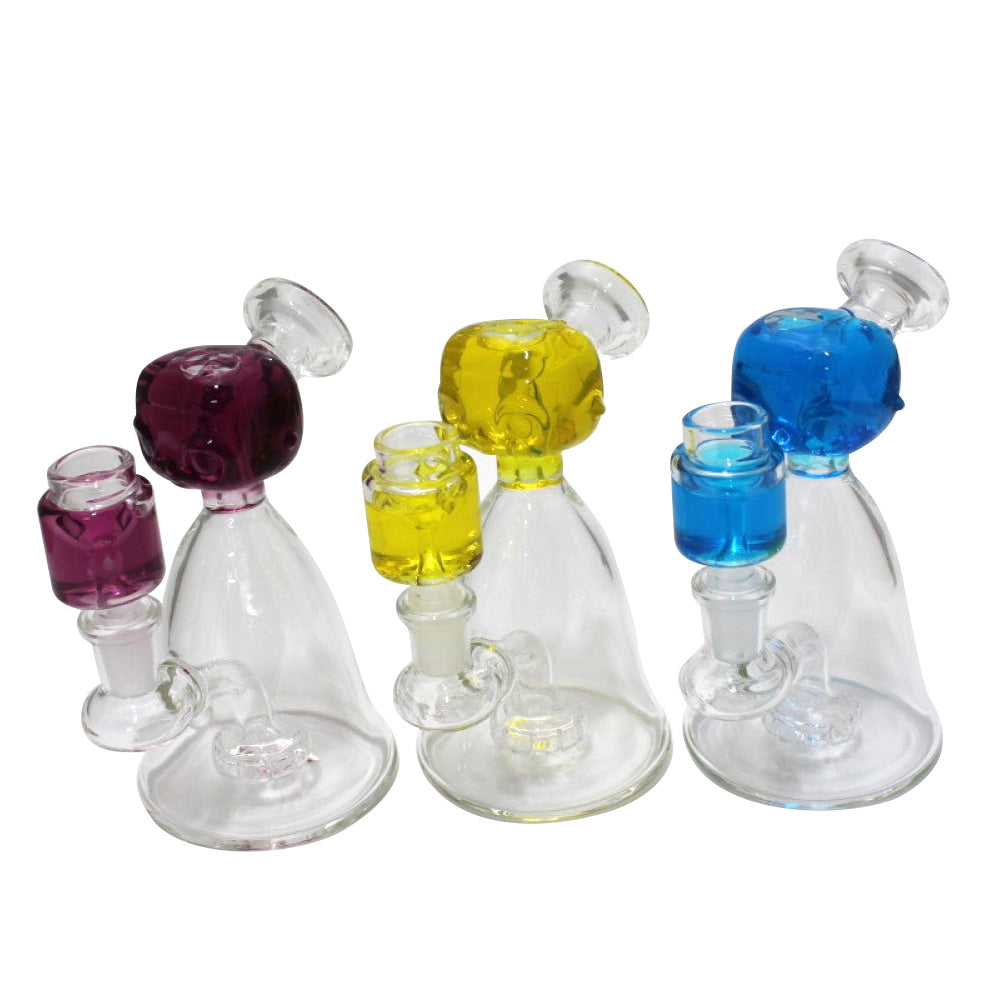 Liquid filled character design dab rig water pipe with 14mm male glass-on-glass bowl, durable glass construction and smooth filtration system.