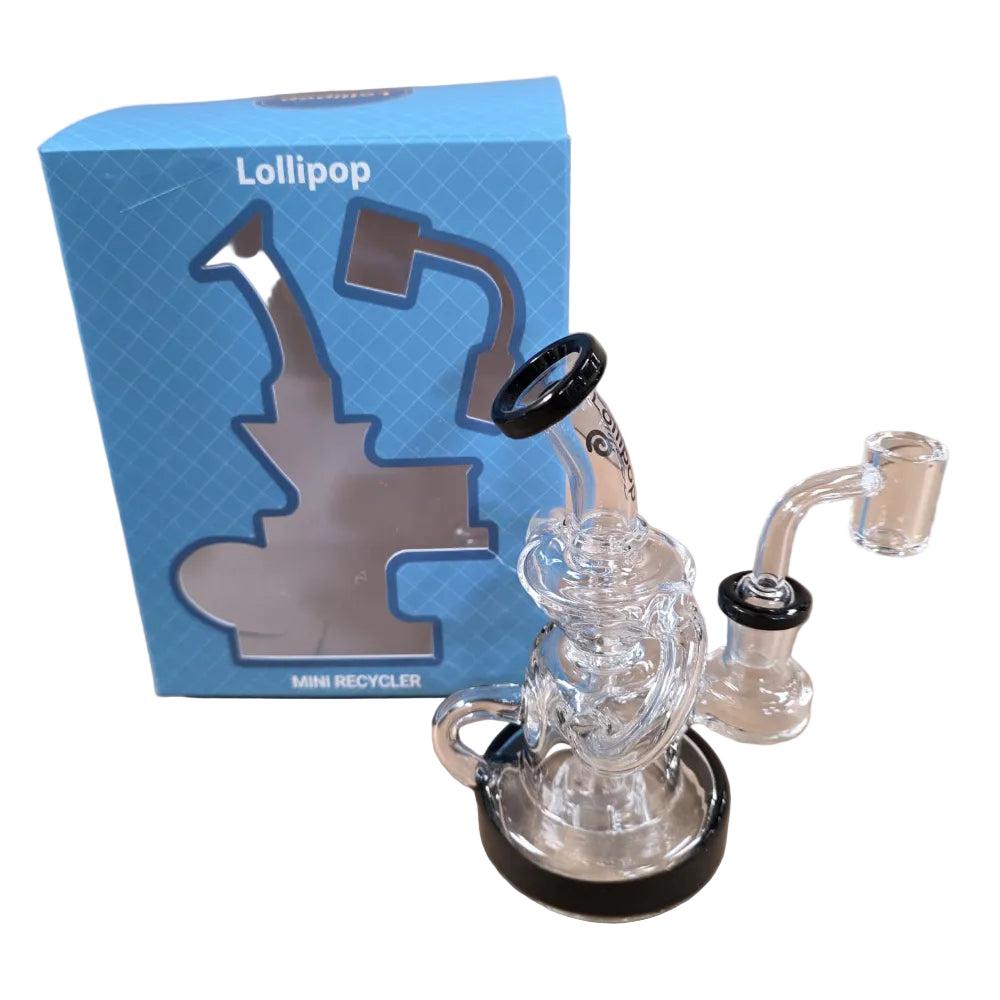 Close-up view of Lollipop Mini Recycler Rig with Banger showing high-quality glass craftsmanship, recycler chamber design, and efficient water filtration system for smooth, clean hits.