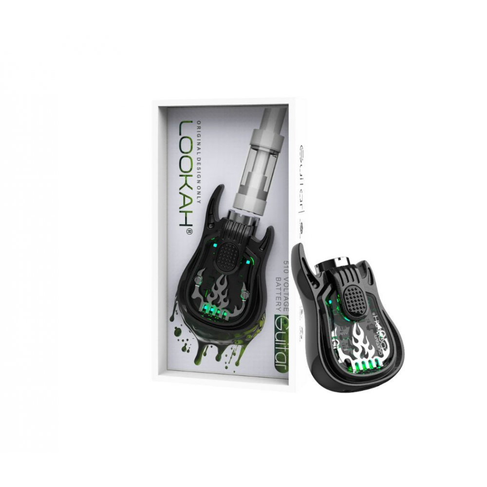 LOOKAH 510 Guitar Shape Vape Pen Battery featuring ergonomic guitar-inspired design, rechargeable power system, and universal 510 thread compatibility for portable vape use.