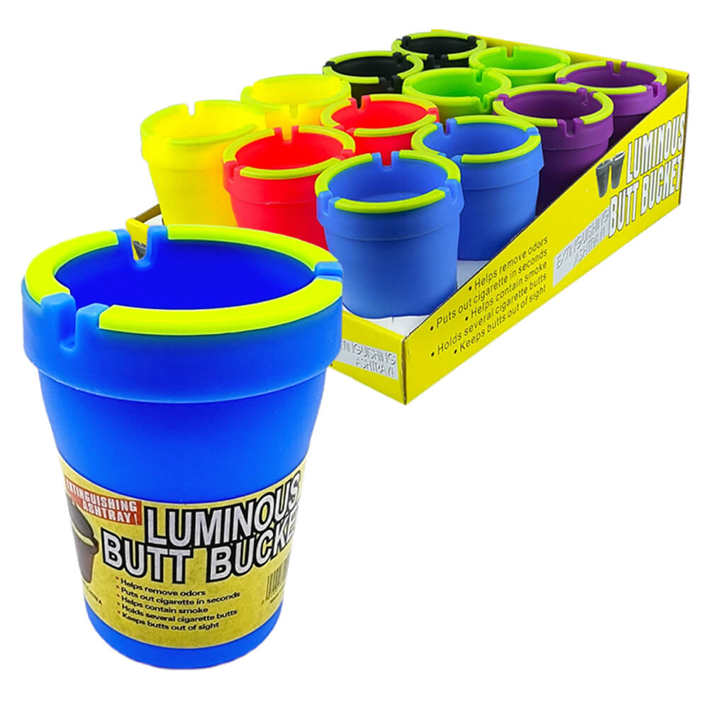 Luminous butt bucket car ashtray 12 count pack with glow-in-the-dark design, durable cup holder fit and secure lid for car use and travel convenience.