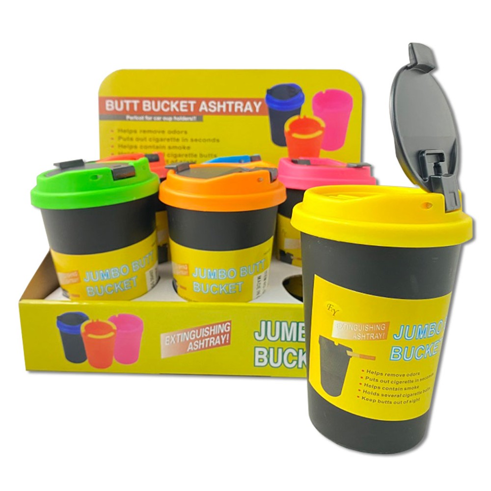 Luminous butt bucket car ashtray with lid, glow-in-the-dark durable design, compact and portable 12 count pack for car use and travel convenience.