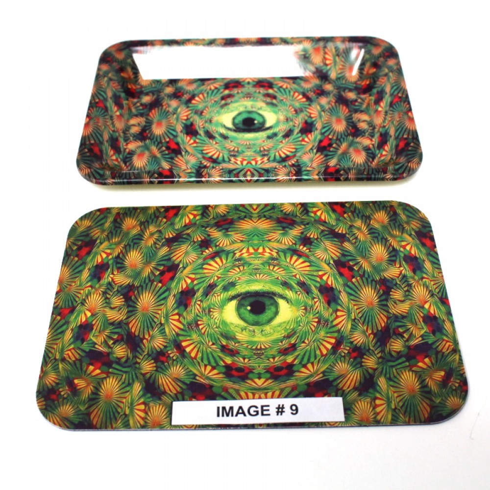 Metal rolling tray with magnetic lid and art design, two part durable tray for secure storage and easy handling.