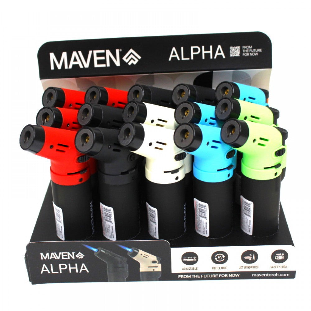 Maven Alpha torch lighter ITEM #98-1176, 15 pieces per display, featuring durable construction, reliable ignition, and windproof jet flame performance for everyday use.