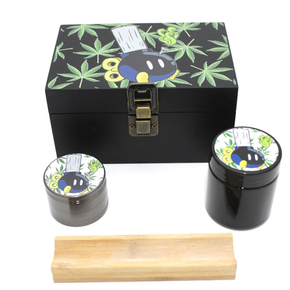 Medium bamboo stash box with decorative top decal, glass jar storage, and 53mm 4-part zinc grinder for smooth grinding of herbs and spices.
