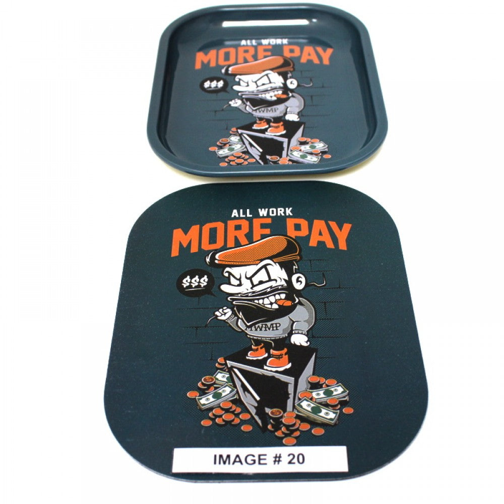 Metal art rolling tray with magnetic lock lid and two part design, durable and secure storage tray.