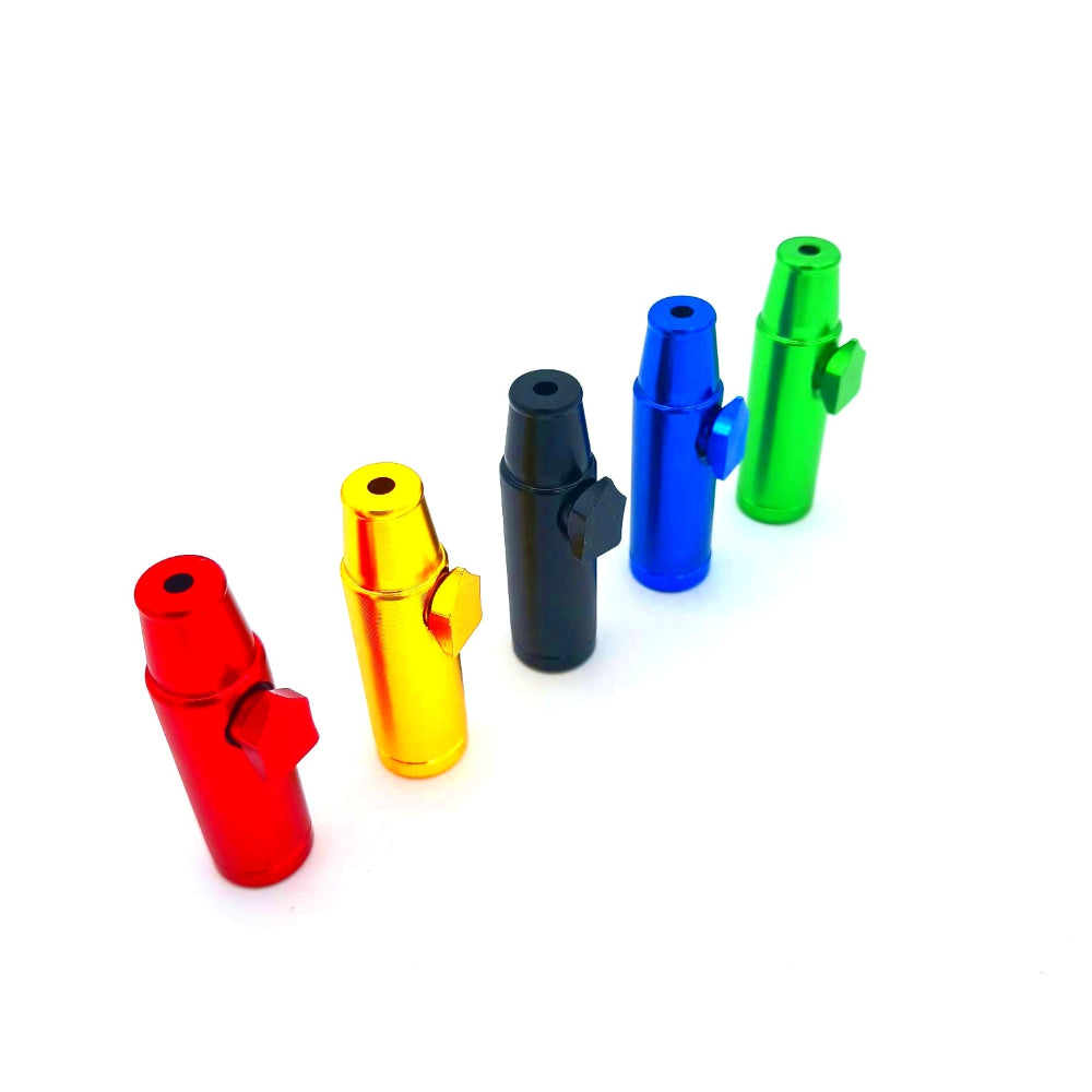 Metal bullet style pipe in assorted colors, made from durable metal construction for a compact design, easy portability, and smooth reliable smoking experience.