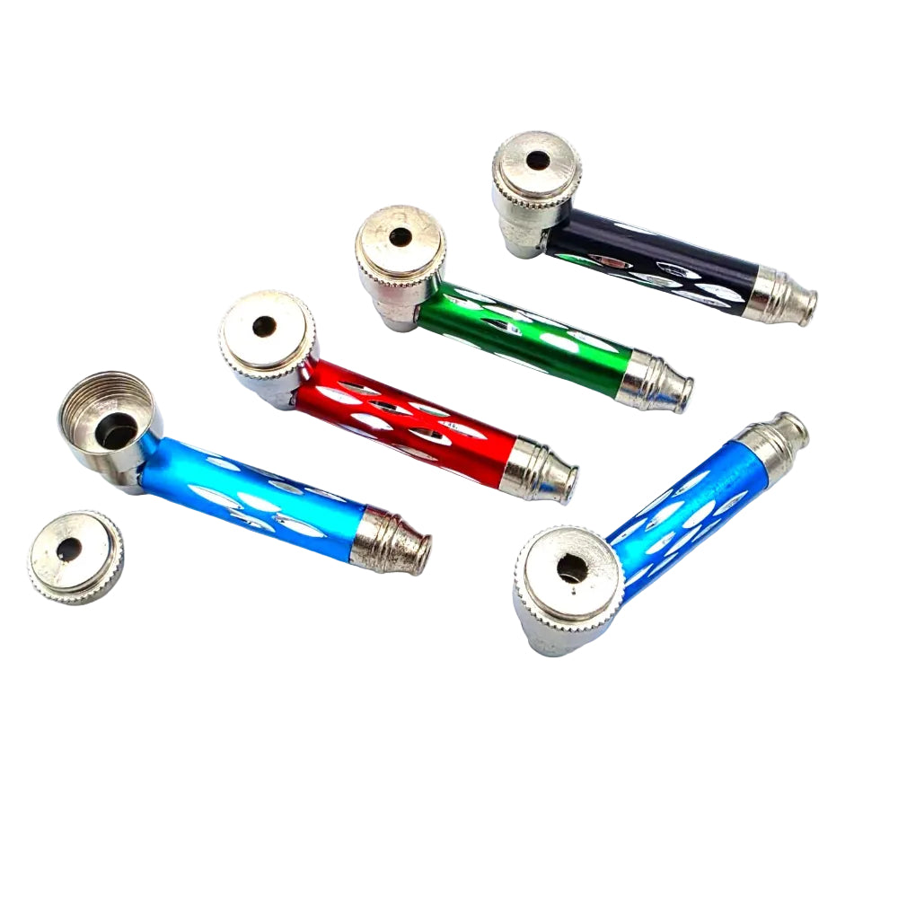Decorated metal pipe with protective lid designed for durability, easy handling, and discreet everyday portable use.