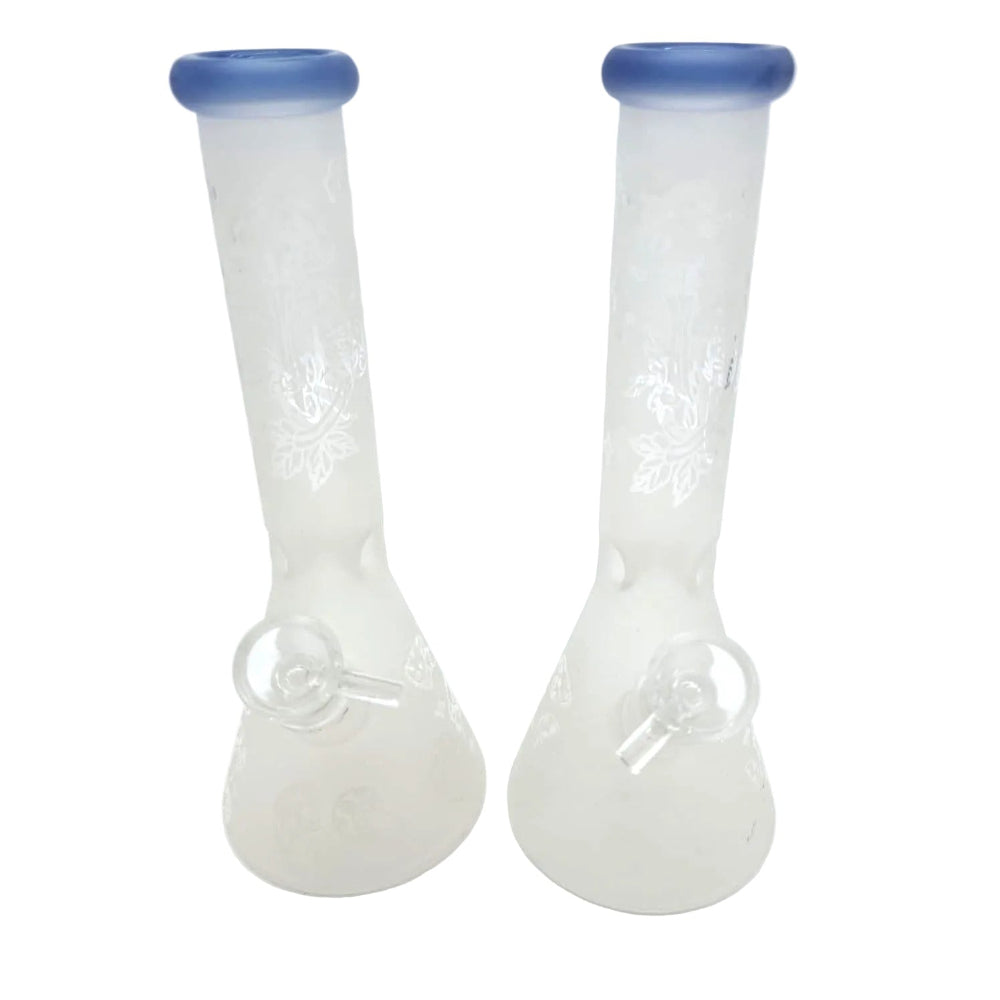 Decorative frosted beaker water pipe featuring colorful decal artwork and 14mm male glass bowl