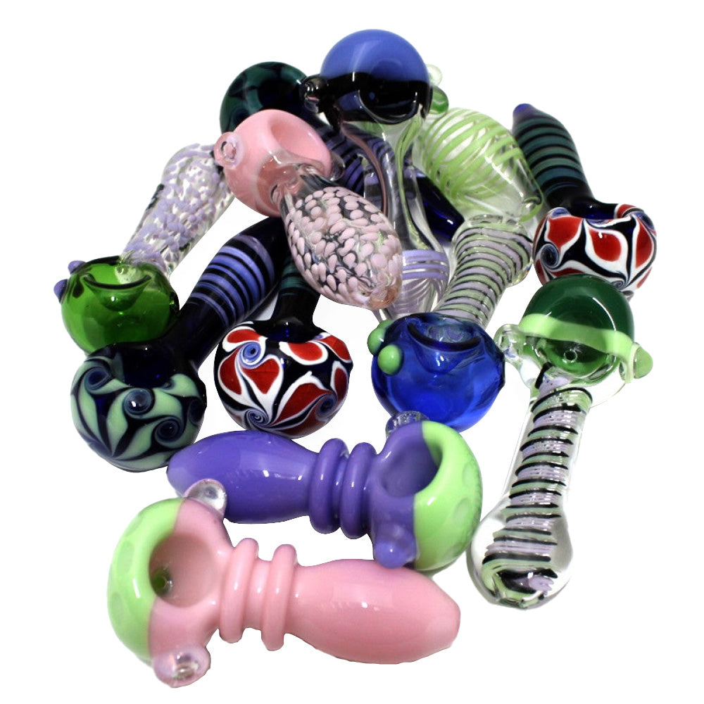 Mixed And Match New Color Heavy Duty Glass Hand Pipe 12 Pcs Per Pack with assorted vibrant colors, durable glass construction, and handcrafted designs