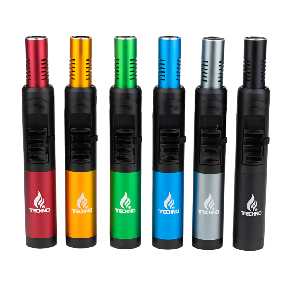 Mixed Colors Techno Torch Lighters refillable butane torch lighters with windproof flame design, 12 pieces per display pack for retail use and assorted color collection