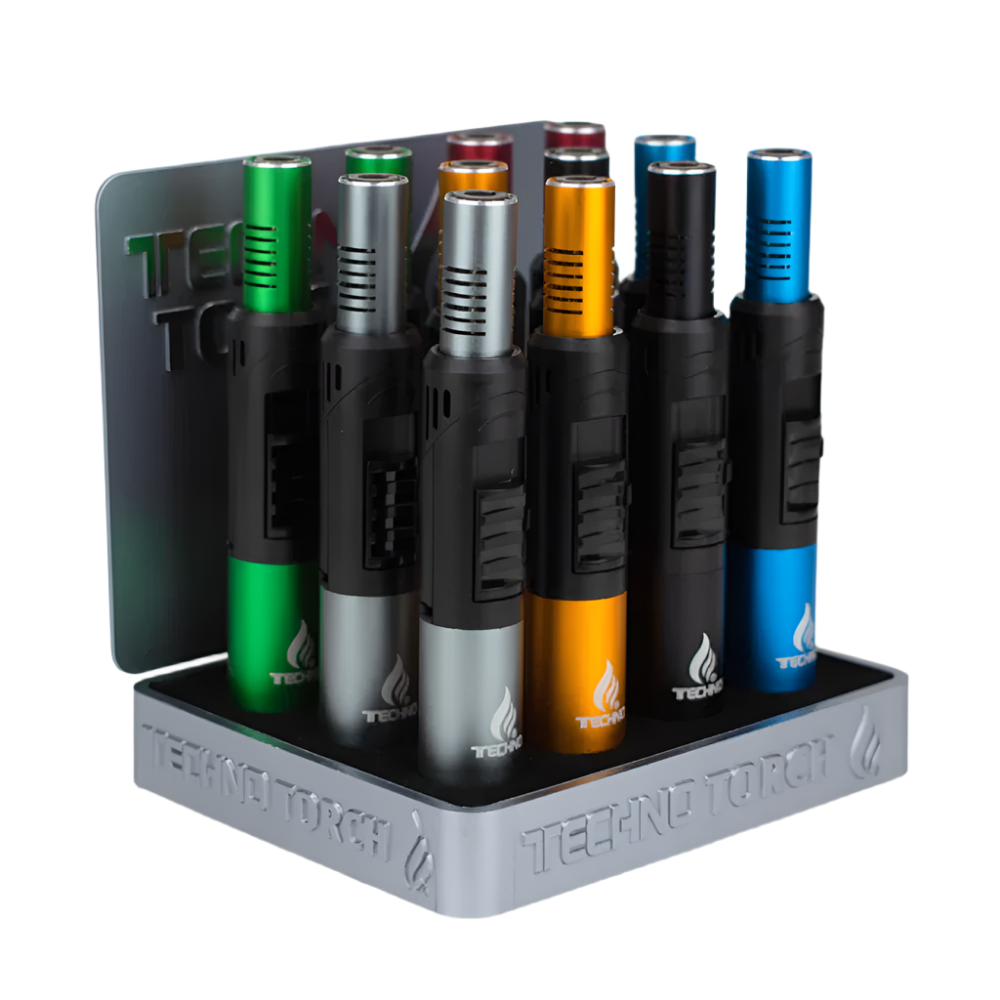 Mixed colors Techno Torch lighters with strong adjustable flame, refillable butane system, and compact portable design, 12ct display pack for retail.