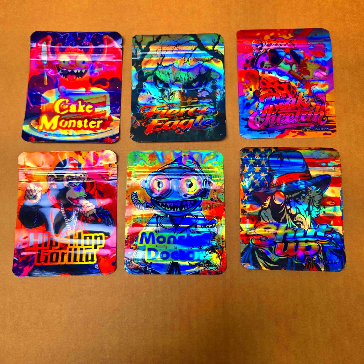 Back view of 3.5 gram mylar bag showing heat sealable top and tear notch details