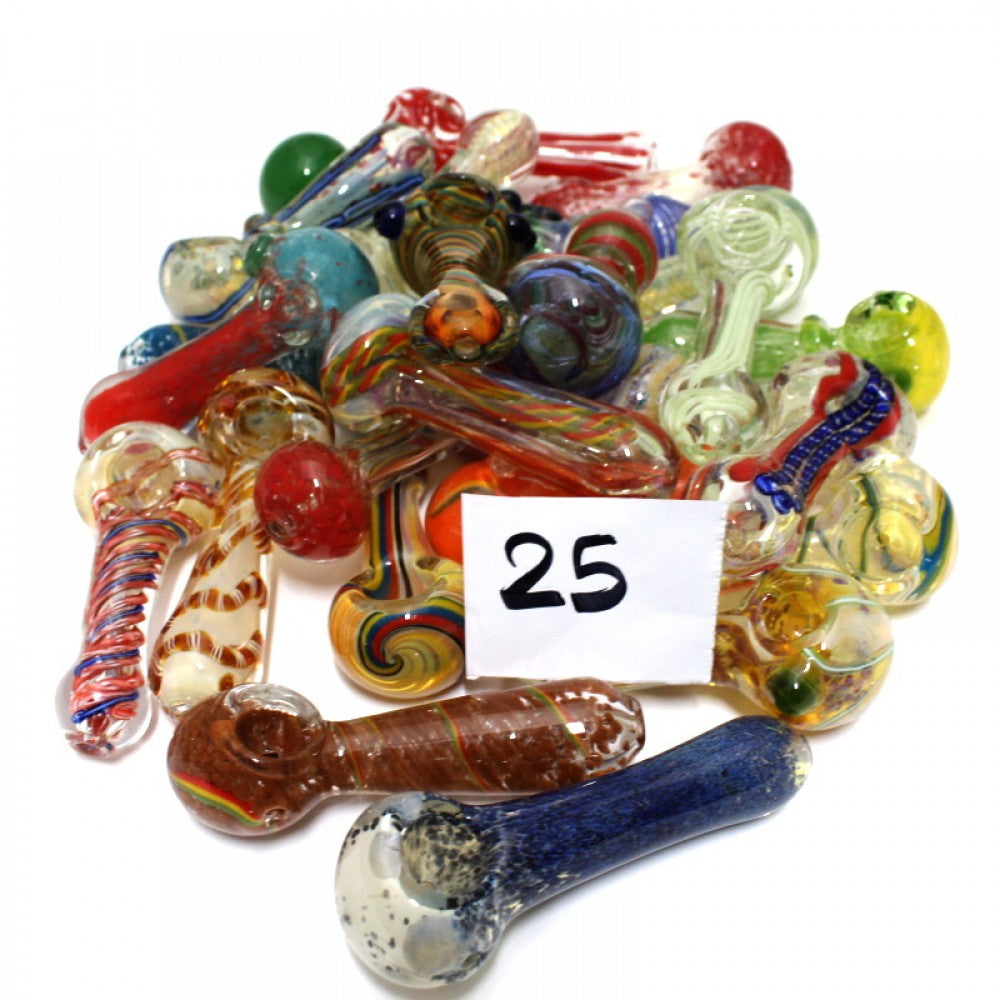 Mixed and Match Mix Color Heavy Duty Glass Hand Pipe Bundle with 25 pieces, featuring assorted colors, durable glass construction, and unique handcrafted designs.