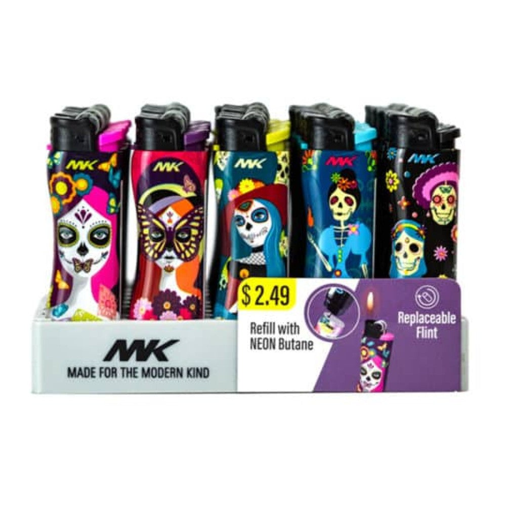 MK 9G Soft Flame Flint Strike Refillable La Catrina Design Lighter 50 Pieces Per Pack featuring decorative skull artwork, soft flame ignition, and refillable compact design for everyday use.