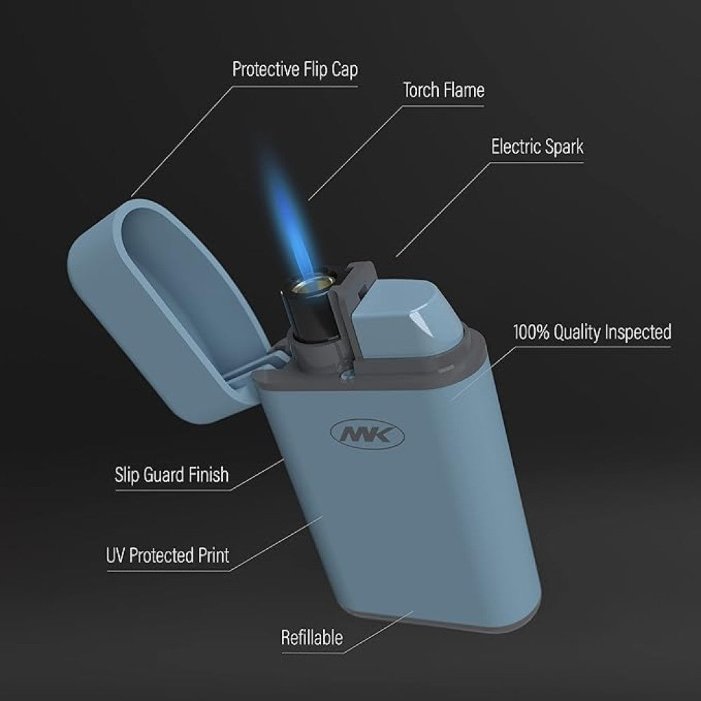 MK Pocket Lighters with Torch Flame 25 Pieces Per Display featuring compact refillable butane design, strong windproof jet flame, and assorted pocket-size torch lighters for retail display.
