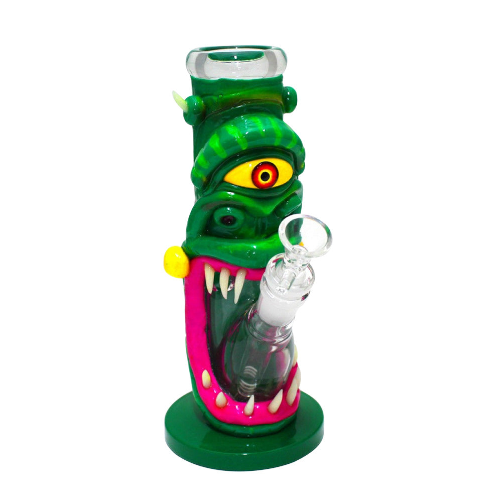 Monster eye straight glass water pipe novelty bong with small eye monster design durable glass construction straight tube style and smooth airflow system.