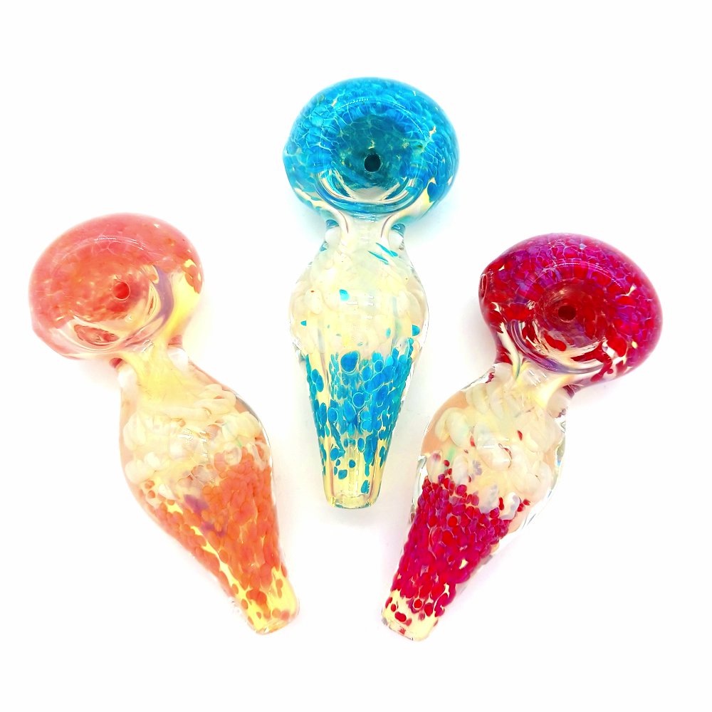 Multi color with blue tube heavy duty glass hand pipe featuring vibrant multicolor accents, blue tube design, thick durable glass construction, and compact ergonomic handheld style.