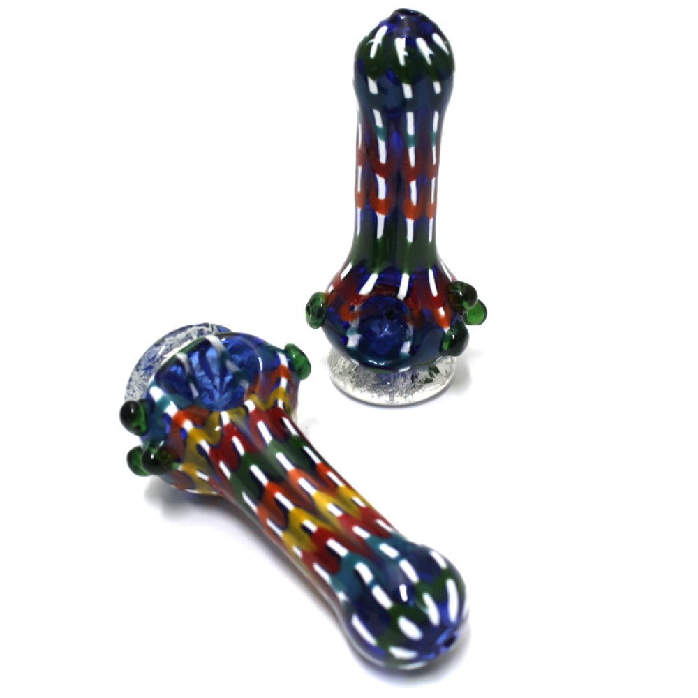 Stand up multi color bubble art heavy duty glass hand pipe with thick durable glass and vibrant handcrafted bubble design.