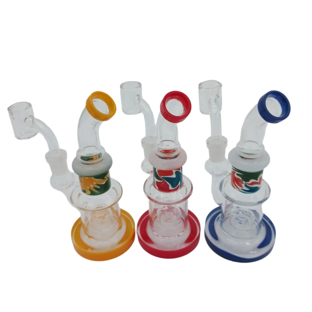 Multi color glass dab rig water pipe with durable borosilicate construction and 14mm male banger for smooth and flavorful concentrate use.
