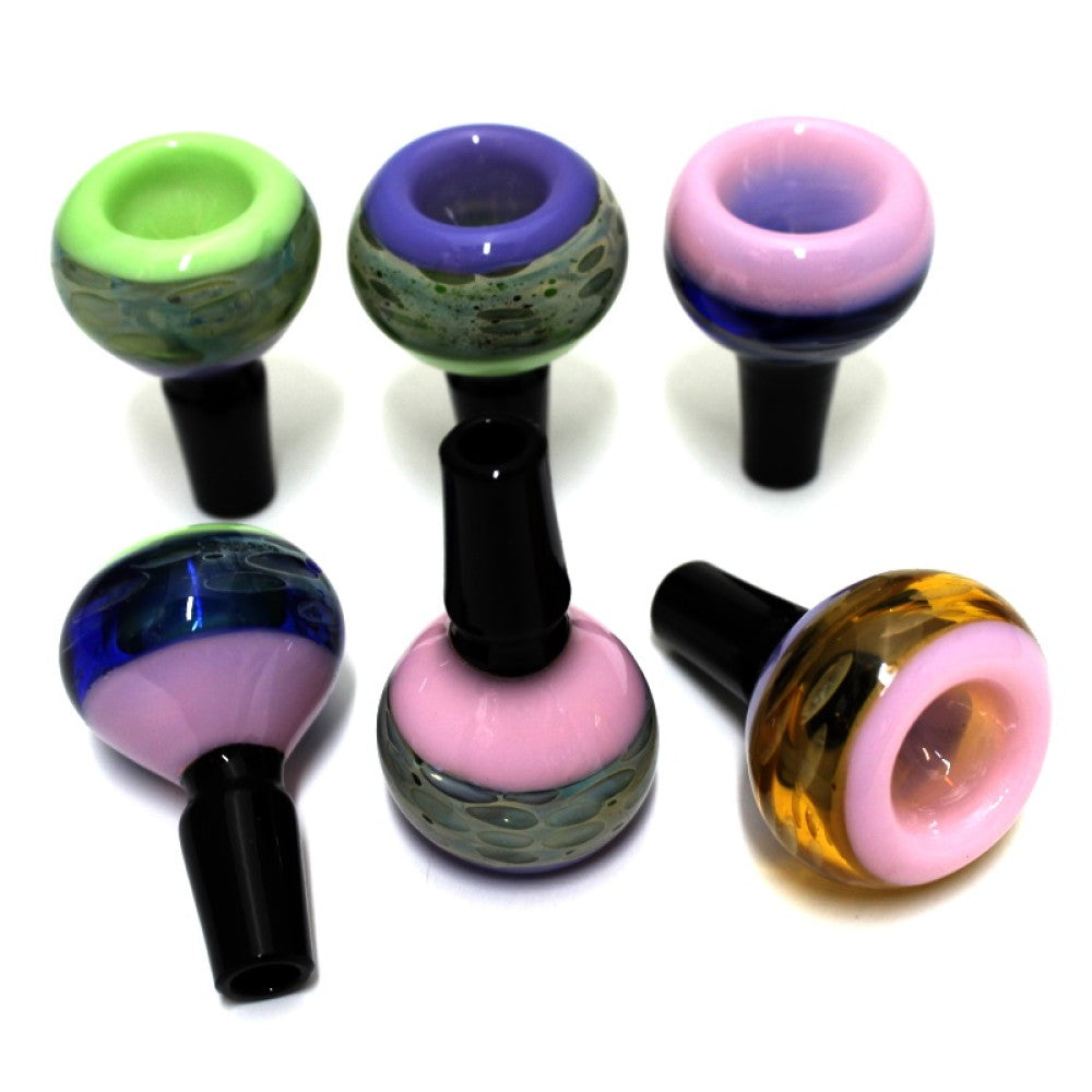 Multi color heavy duty glass bowl 14MM male glass on glass made from durable heat resistant glass for smooth airflow.