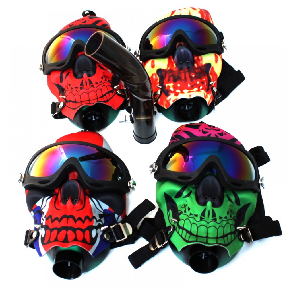 Multi color skull gas mask water pipe acrylic set, durable themed smoking system with connected mask design and smooth airflow filtration for unique use experience.